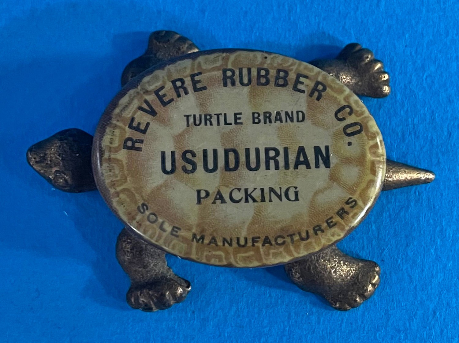 Vintage Cast Iron & Celluloid Advertising Turtle Paperweight Usudurian Packing