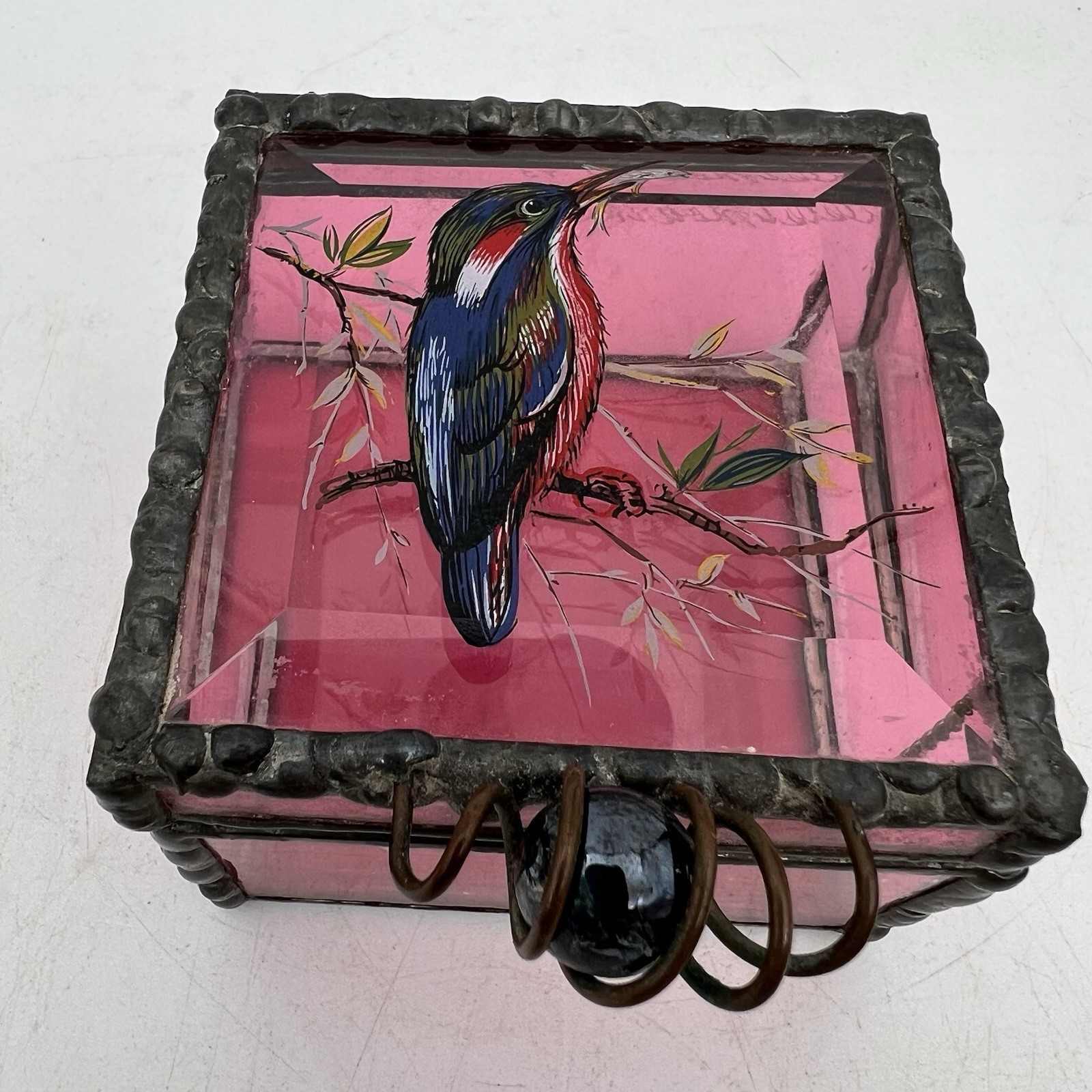 Vintage Pink Stained Glass Trinket Jewelry Box Hand Painted Bird Hinged Lid