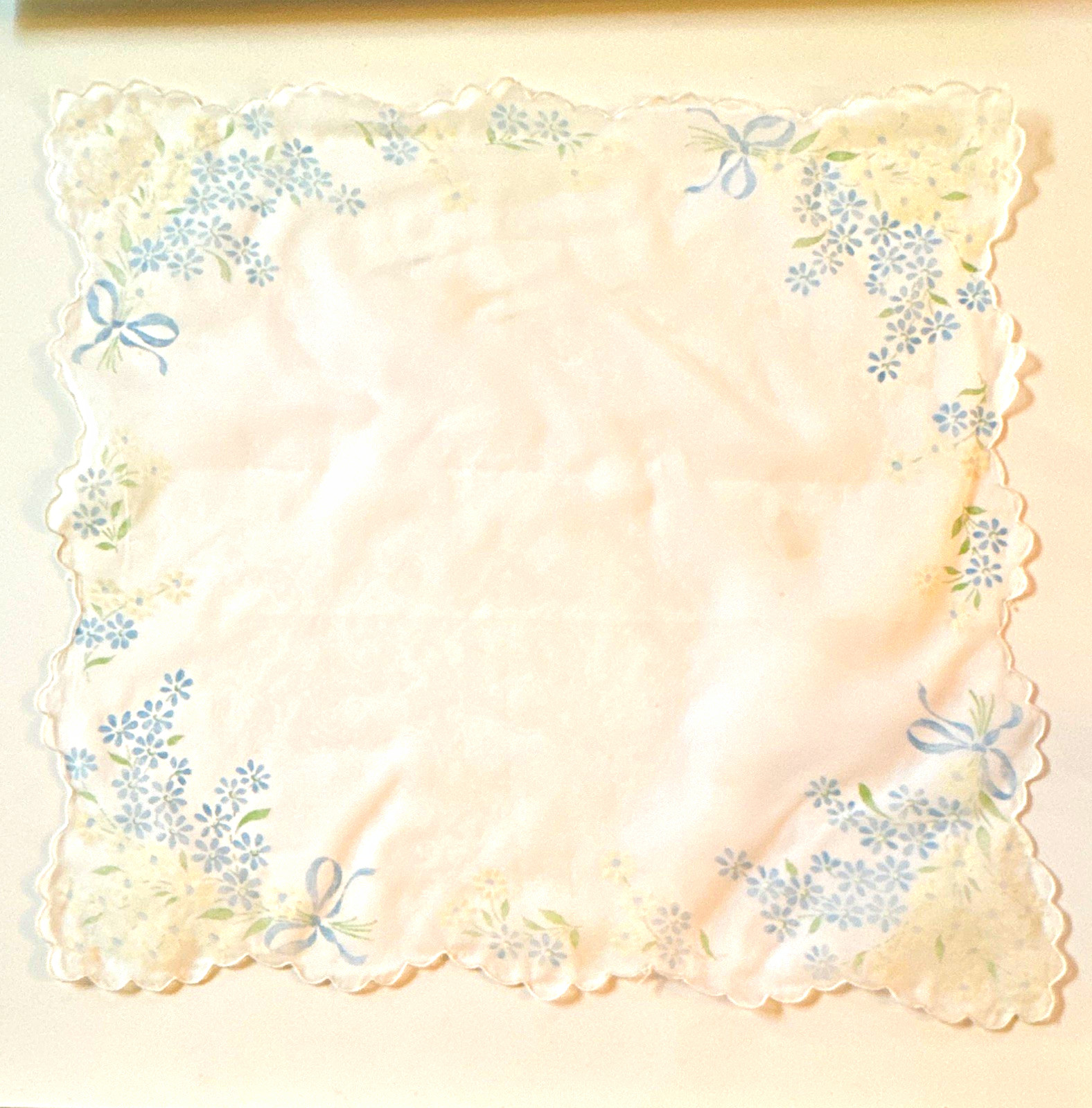 Vintage White Handkerchief Blue Floral Border Bow Print Scalloped Edge