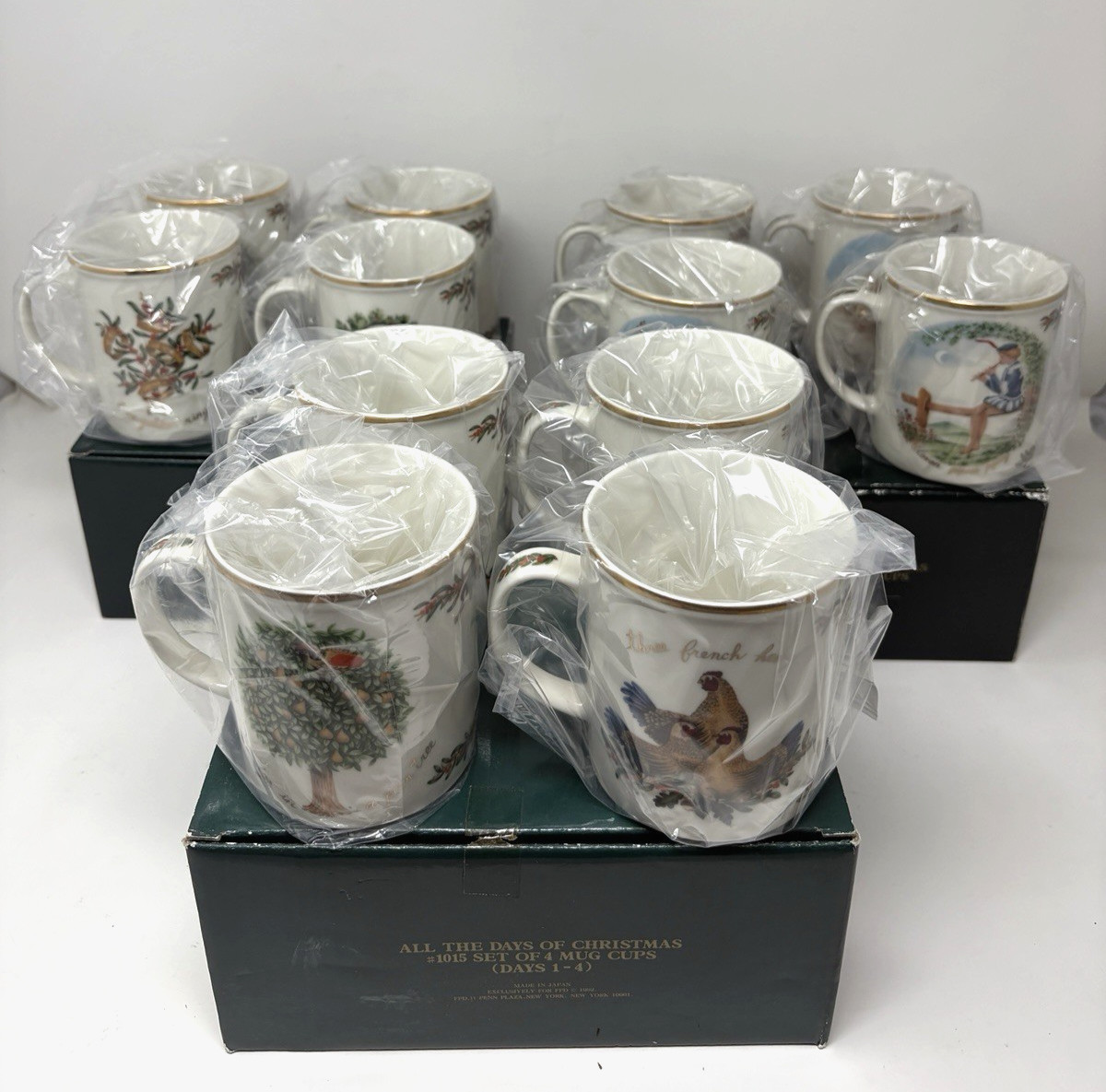 Vtg ROYAL GALLERY Mugs ALL THE DAYS OF CHRISTMAS Set Of 12 Japan 1992- 4x3”