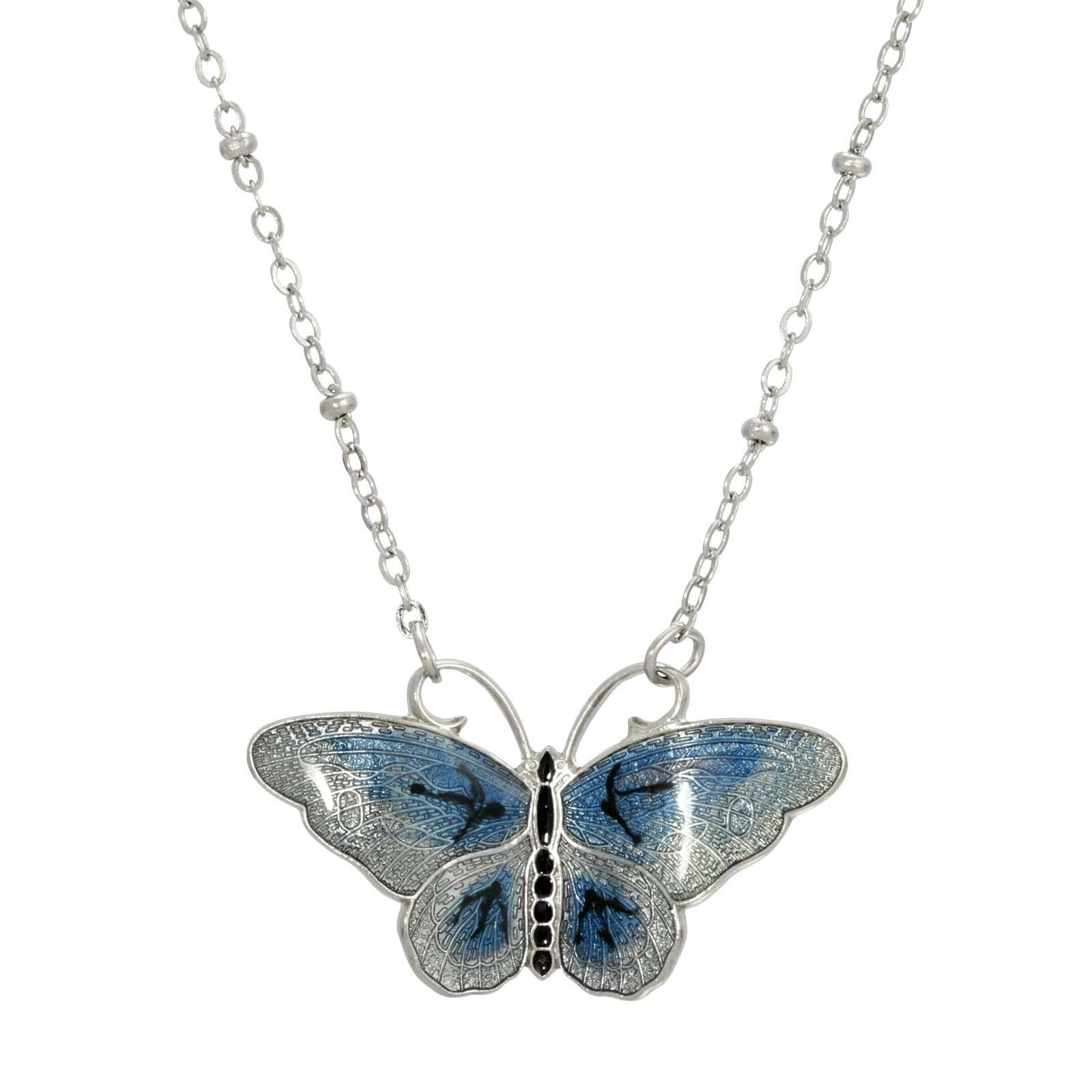 1928 Jewelry Butterfly\'s Dance Blue Enamel Necklace 16\