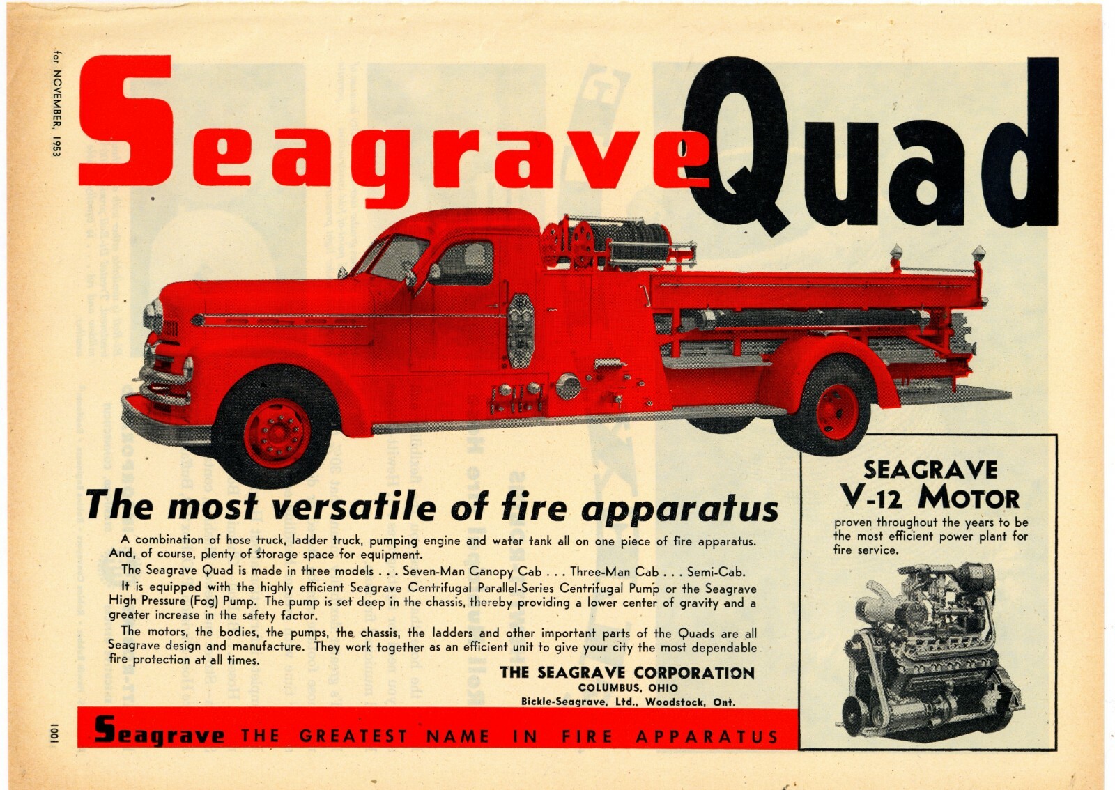 1953 Seagrave Fire Apparatus Ad: Quad Model Pictured w/ V-12 Engine. Columbus OH
