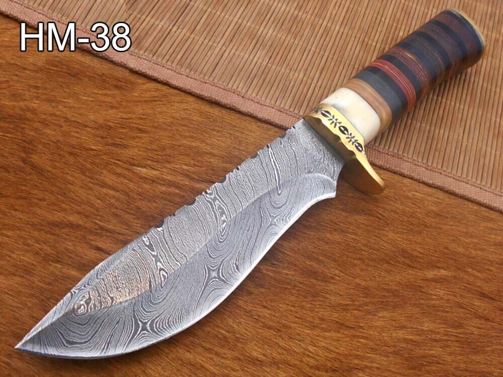 Custom Handmade Damascus Steel Bowie Hunting Knife with Leather Sheath HM 38