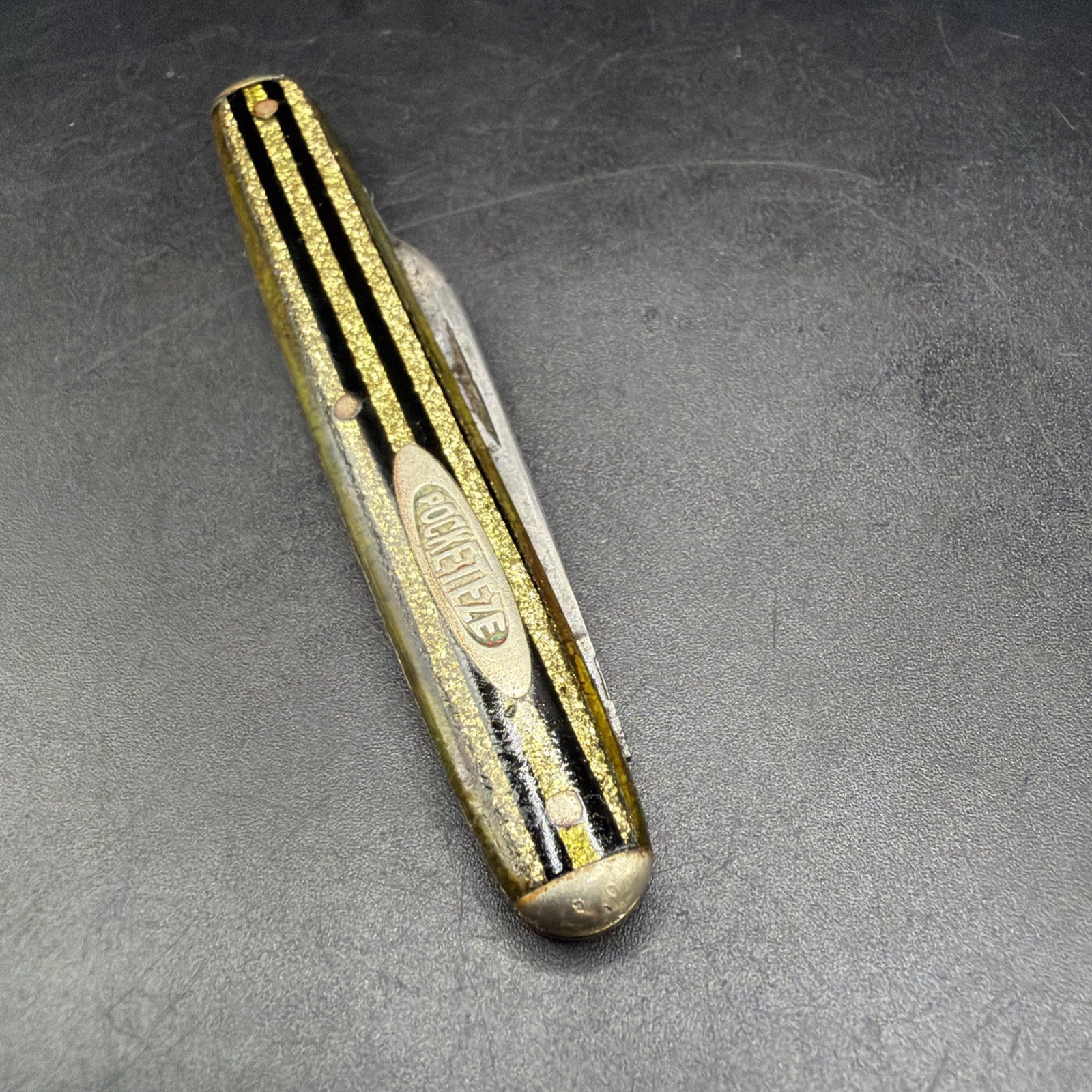 Antique Robeson PocketEze Script Stamp Striped Glitter Equal End Pocket Knife Antique Robeson PocketEze Script Stamp Striped Glitter Equal End Pocket Knife