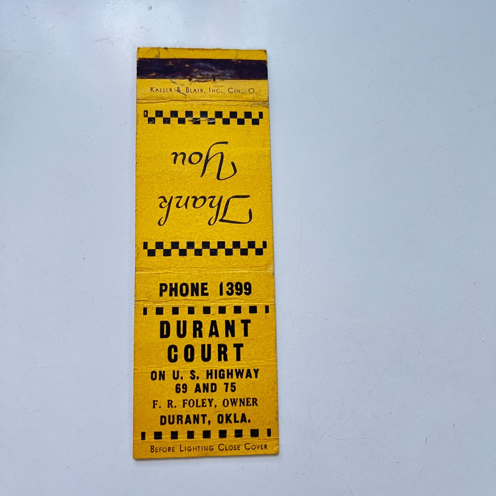 Durant Court Hwy 69 & 75 FR Foley Durant OK Vintage Matchbook Cover TMB92-6