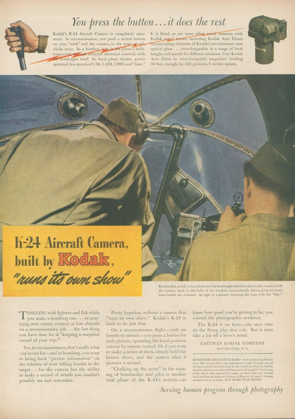1944 WWII Kodak K24 Aircraft Camera Bombardier Bombsight Vtg Print Ad L34