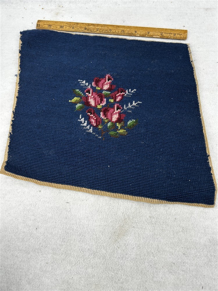 antique needlepoint piece 13 x 12 hand made blue pillow foot stool repurpose 