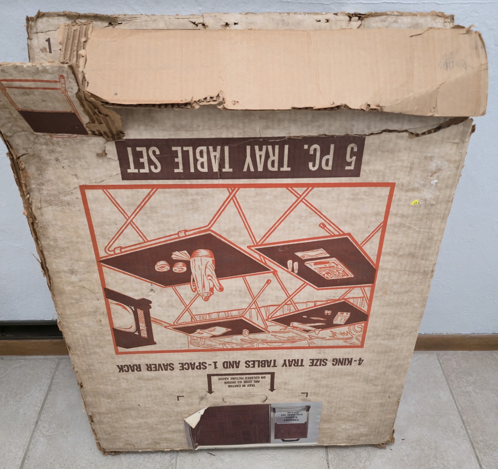 Vintage MARSH ALLAN 5 Piece Tray Table Set Folding Stand Brown NEW IN BOX UNUSED