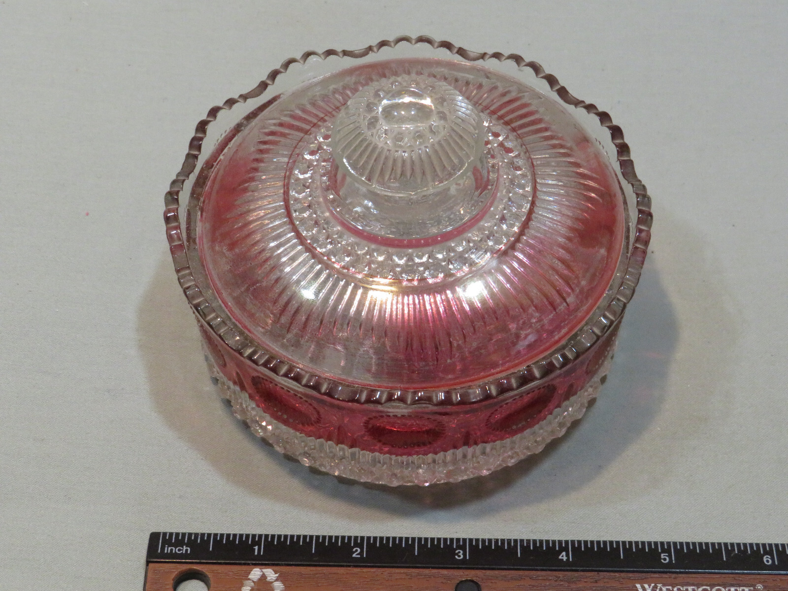 Vintage Clear Glass Covered Candy Dish w/Red Accent