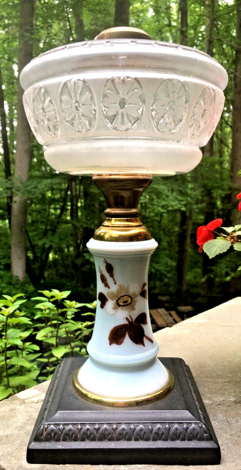 Antique EAPG Glass Composite Lamp w/ Painted Roses