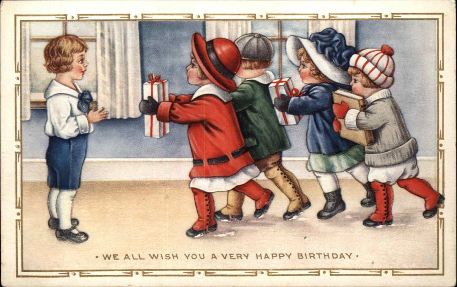 Birthday Wish From All Children Rush with Gifts c1910-1920s Vintage Postcard