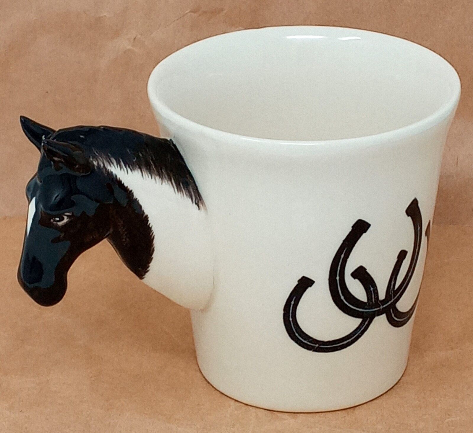 Ceramic Coffee Mug w/ figural Horse Head Handle Horseshoes hand painted Thailand