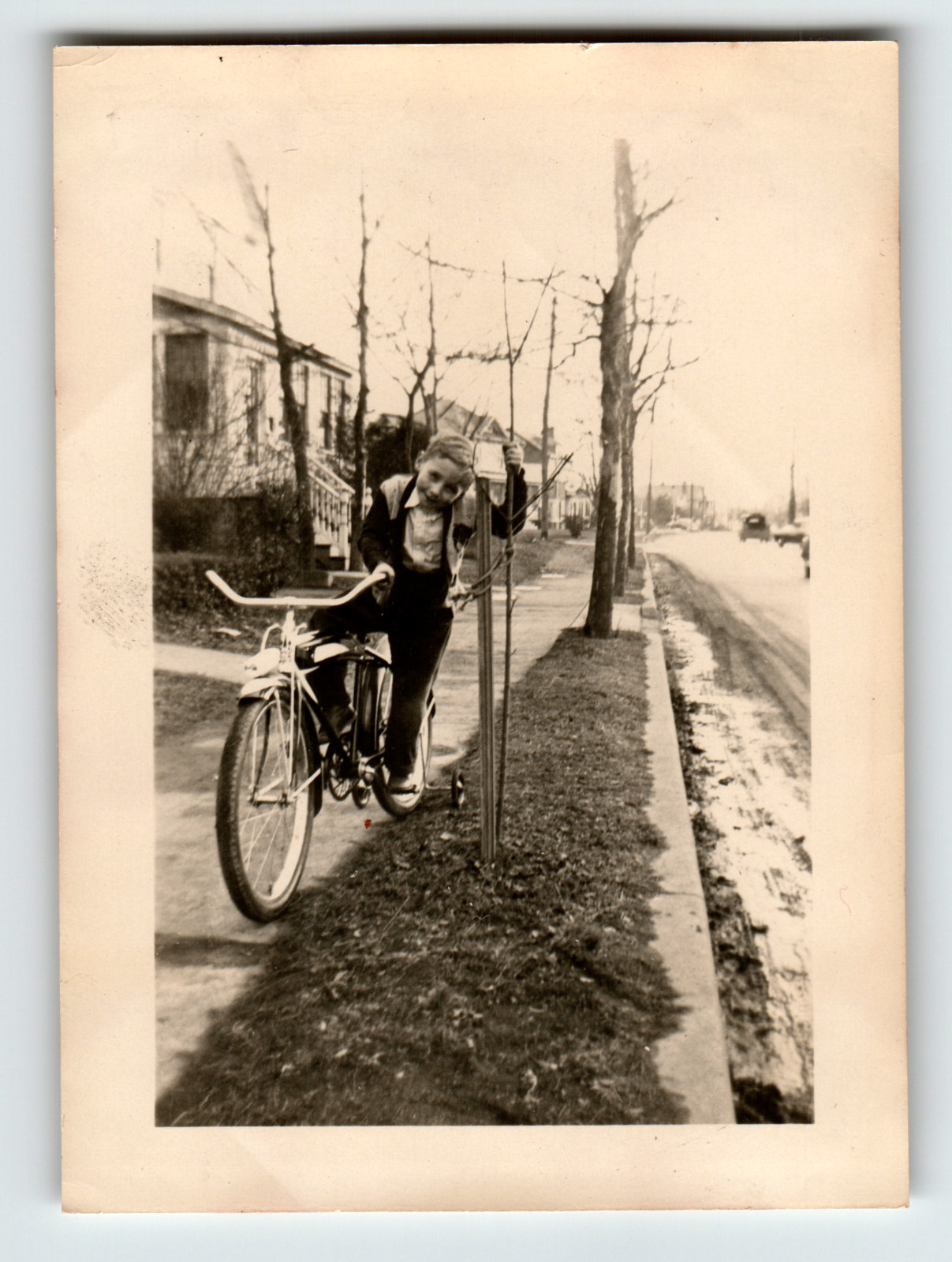 Photo Young Boy Posing with Bicycle Leaning on a Tree Vintage 1950s