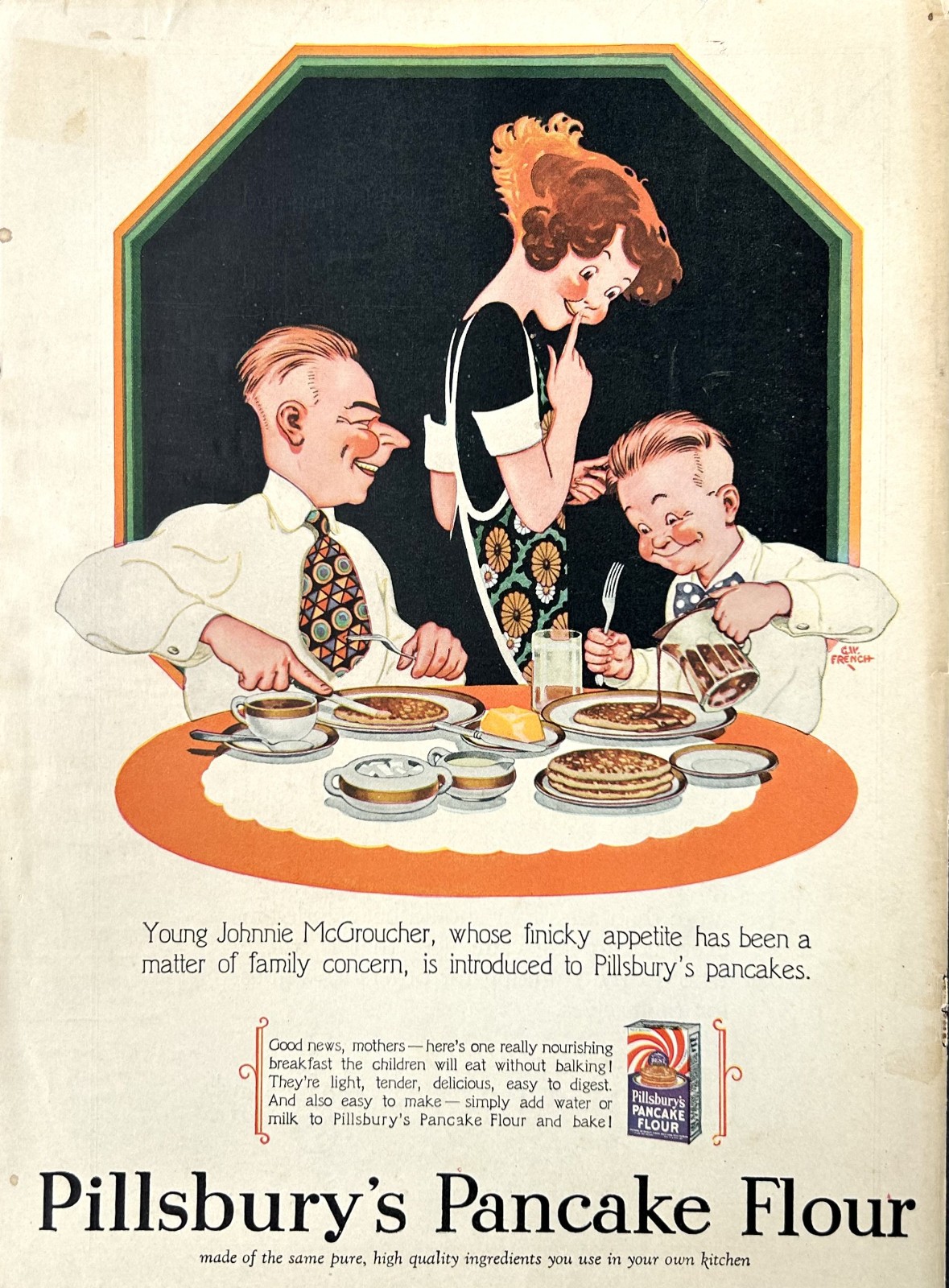 1928 Ad Pillsbury's Pancake Flour G. W. French Art