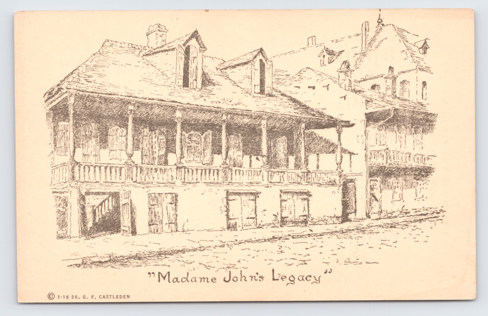c1926 Madame John’s Legacy GF Castleden Art Card New Orleans LA