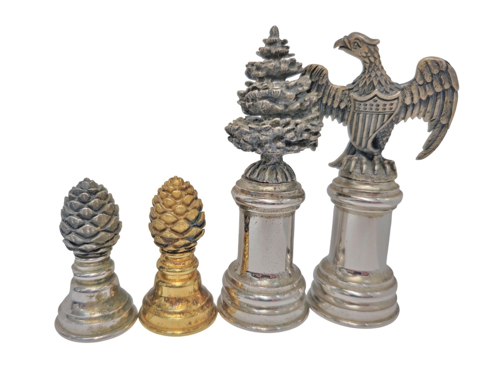 Set of 4 Sterling Silver American Chess Pieces USA Civil War Era Eagle Pine Tree