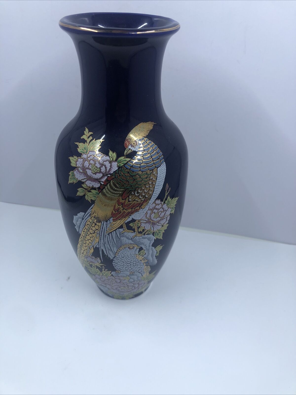 Vintage Japanese Cobalt Blue Peacock & Flowers  Vase 8” MCM