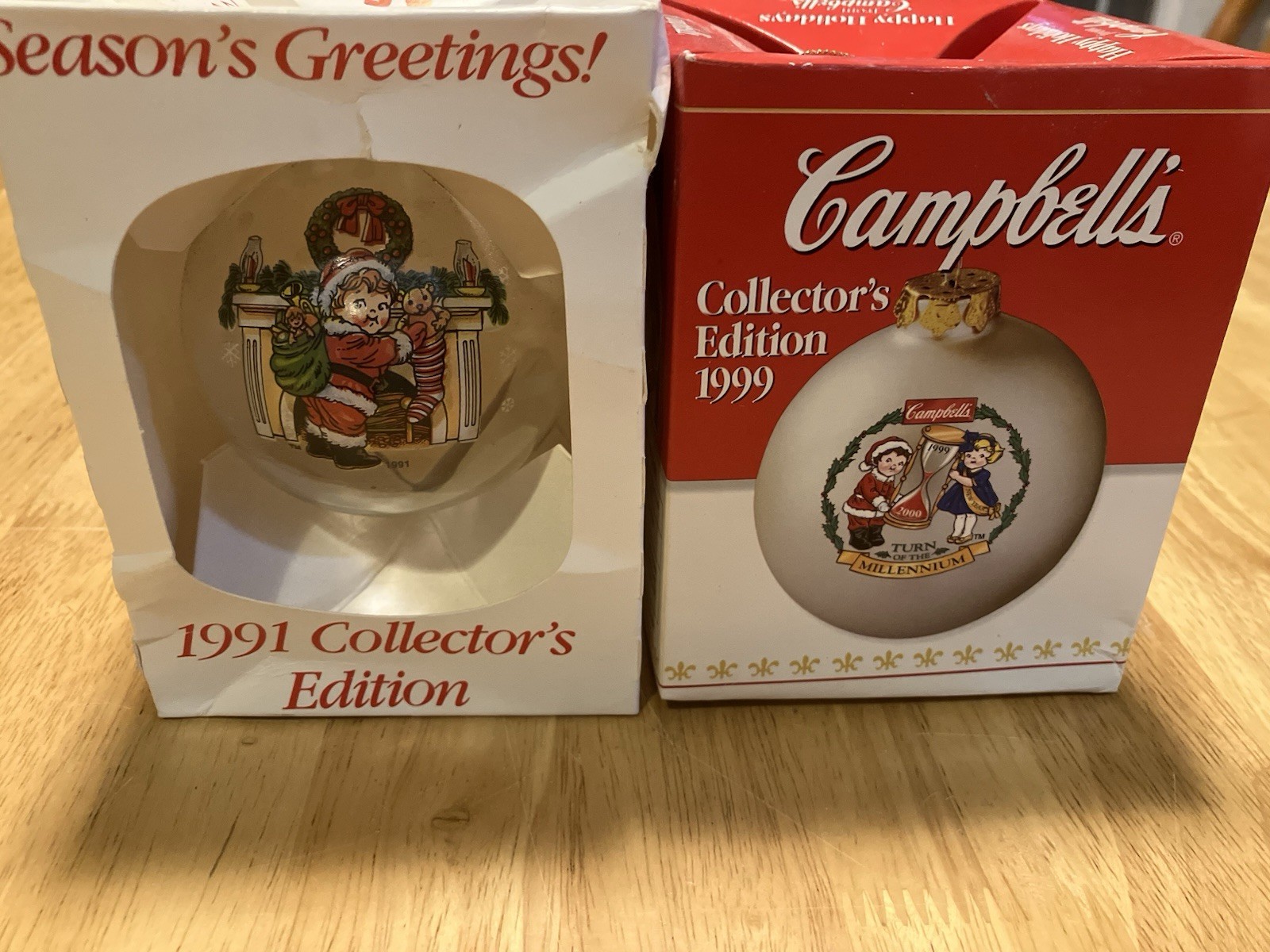 Lot of 2 Vintage Campbells Kids Collector Christmas Ornaments 1991 & 1999 NIB