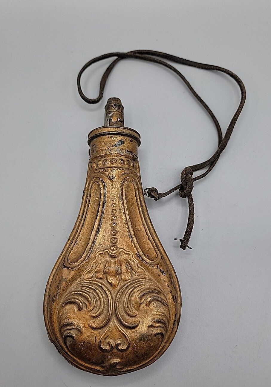 Late 1800s Brass Powder Flask Repousse Swirl Decor Leather Strap