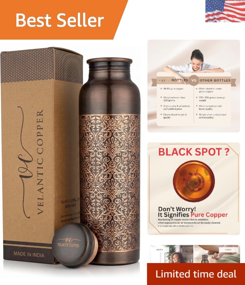 Elegant 32 Oz Copper Water Bottle - Handcrafted Ayurvedic Wellness Solution