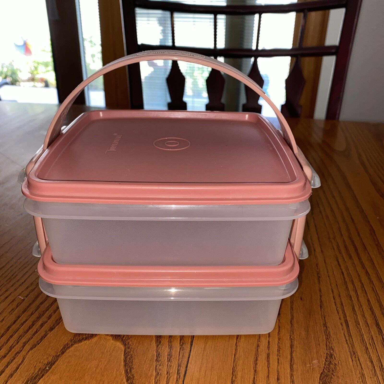 TUPPERWARE Square Box Lunch Keeper 1362-23 Lid 1363-27 Handle 2529-3 Rose Pink