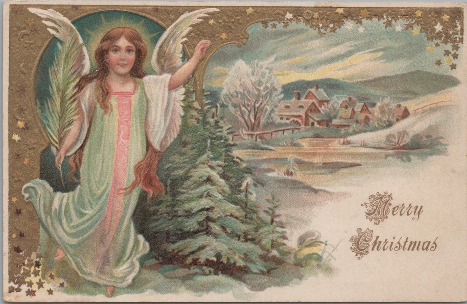 Postcard Merry Christmas Angel + Snowy Town Scene 1907