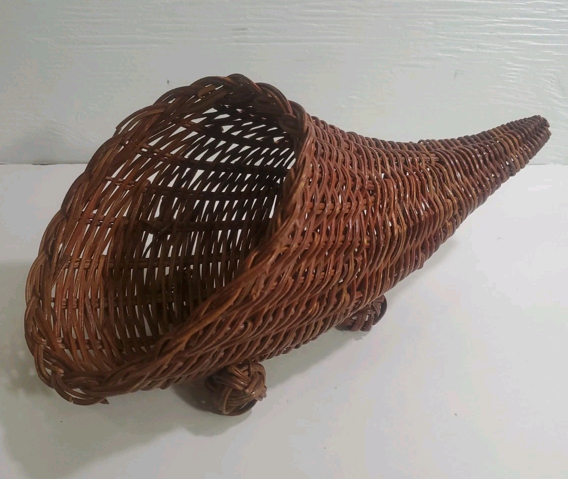 Vintage Wicker Woven Cornucopia Basket  Harvest Horn Of Plenty Fall Decor 12 In