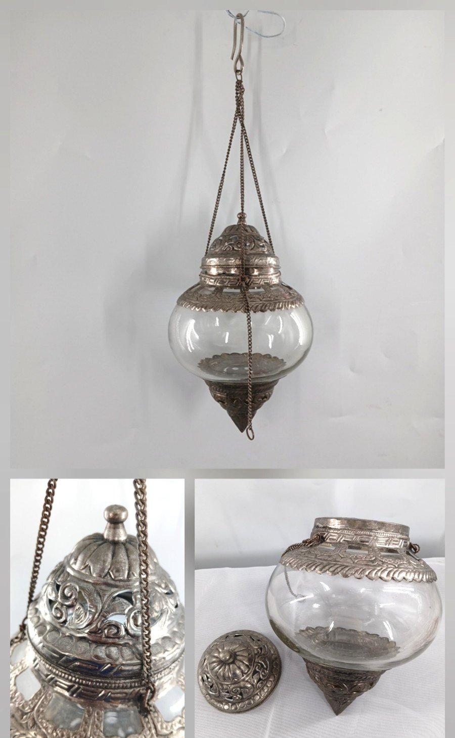 Vintage Moroccan Silver Metal Hanging Lantern with glass 10.5” T Hangs 19”