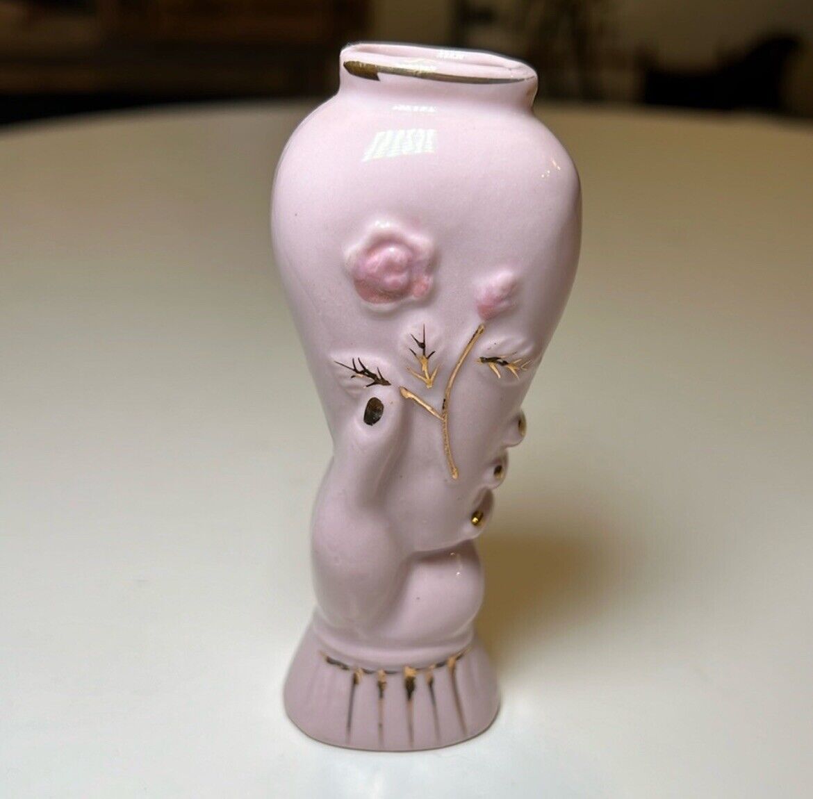 Vintage Art Deco Hand Vase Pink Ceramic 4” Flower Design Vanity Brush Holder