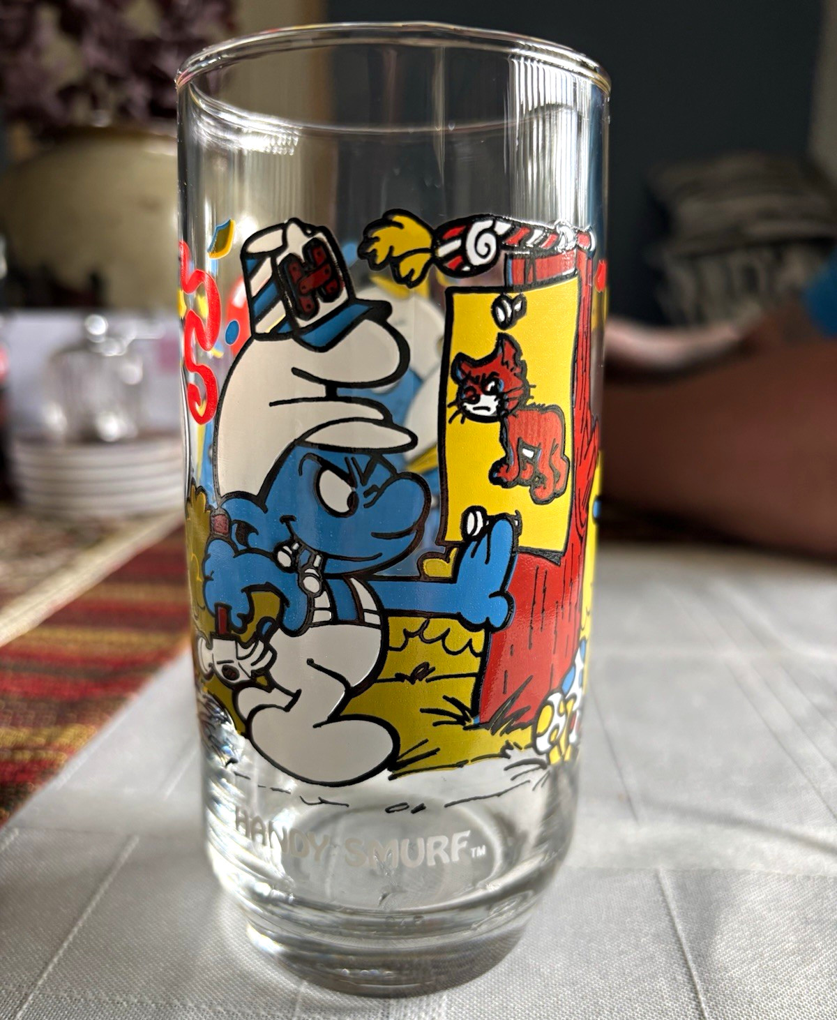 Handy Smurf The Smurfs 1983 Licensed 12 fl oz Decorated Painted Glass
