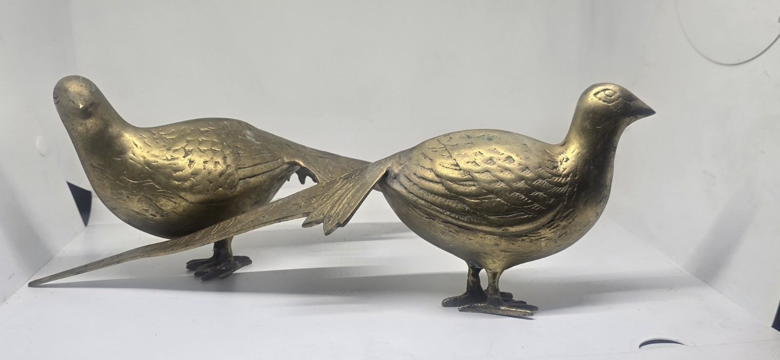 Vintage Brass Pheasant Pair Figurines Male & Female MCM Heavy Cast Statues 
