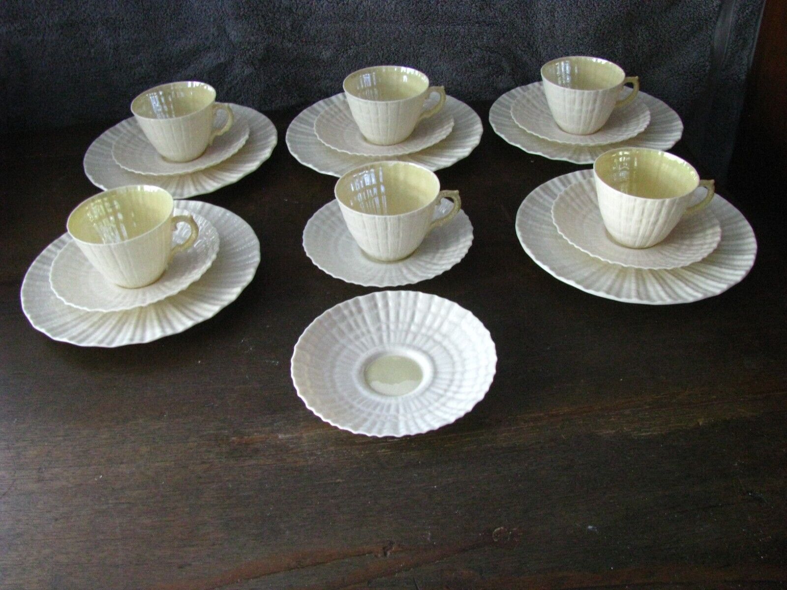 Belleek Limpet Cup & Saucer set with salad plates. 5th mark 1955-1965 yellow