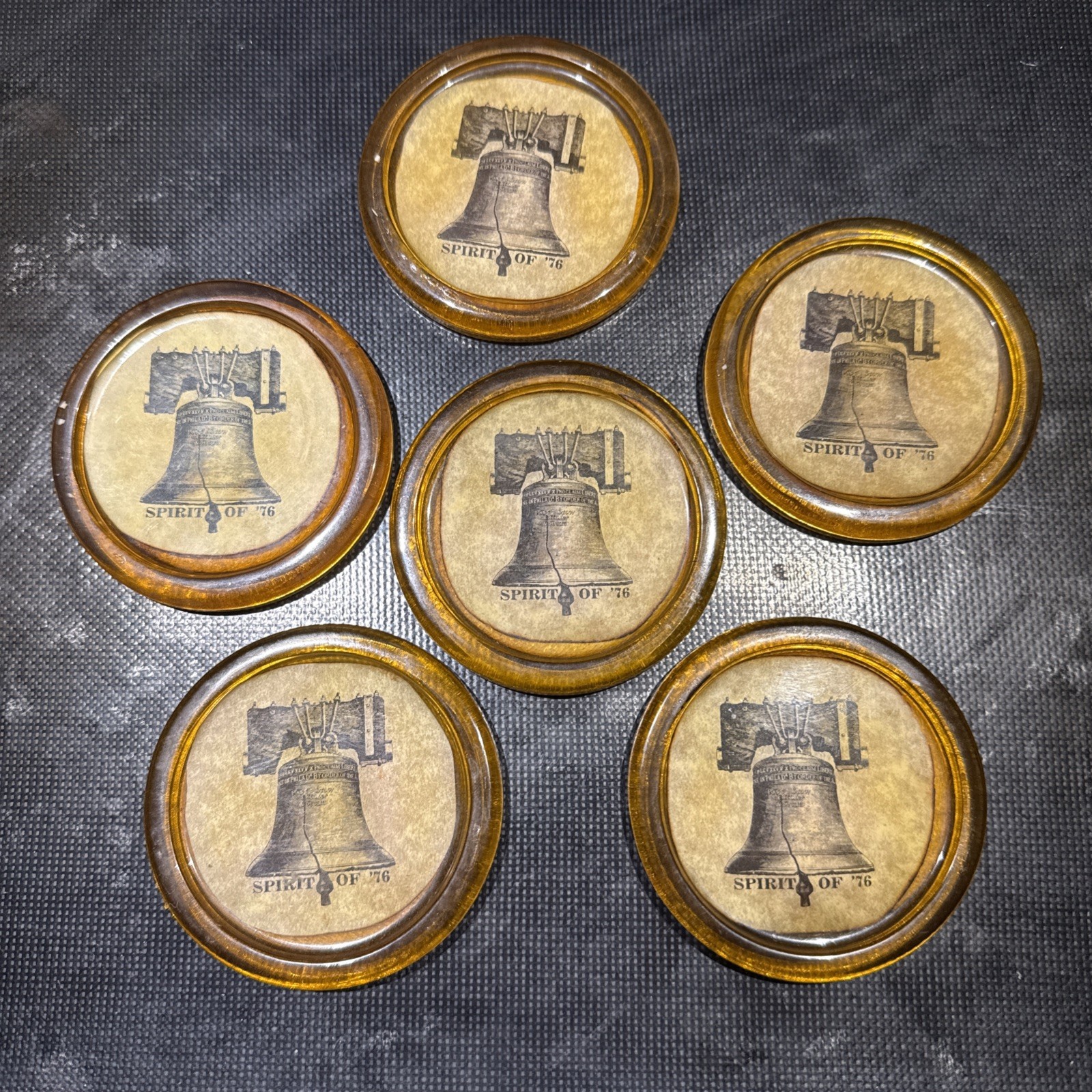 Set Of 6 Vintage Liberty Bell Round Coasters Amber Plastic And Cork