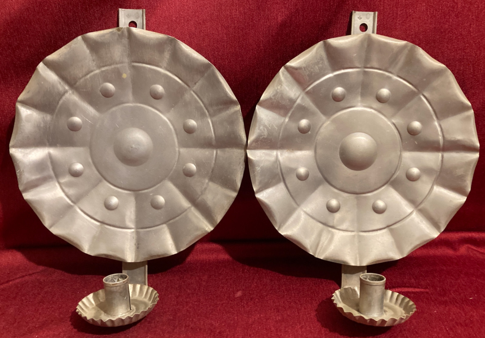 Pair Vintage Virginia Metalcrafters Inc. Colonial Tin Wall Sconce Candle Holders