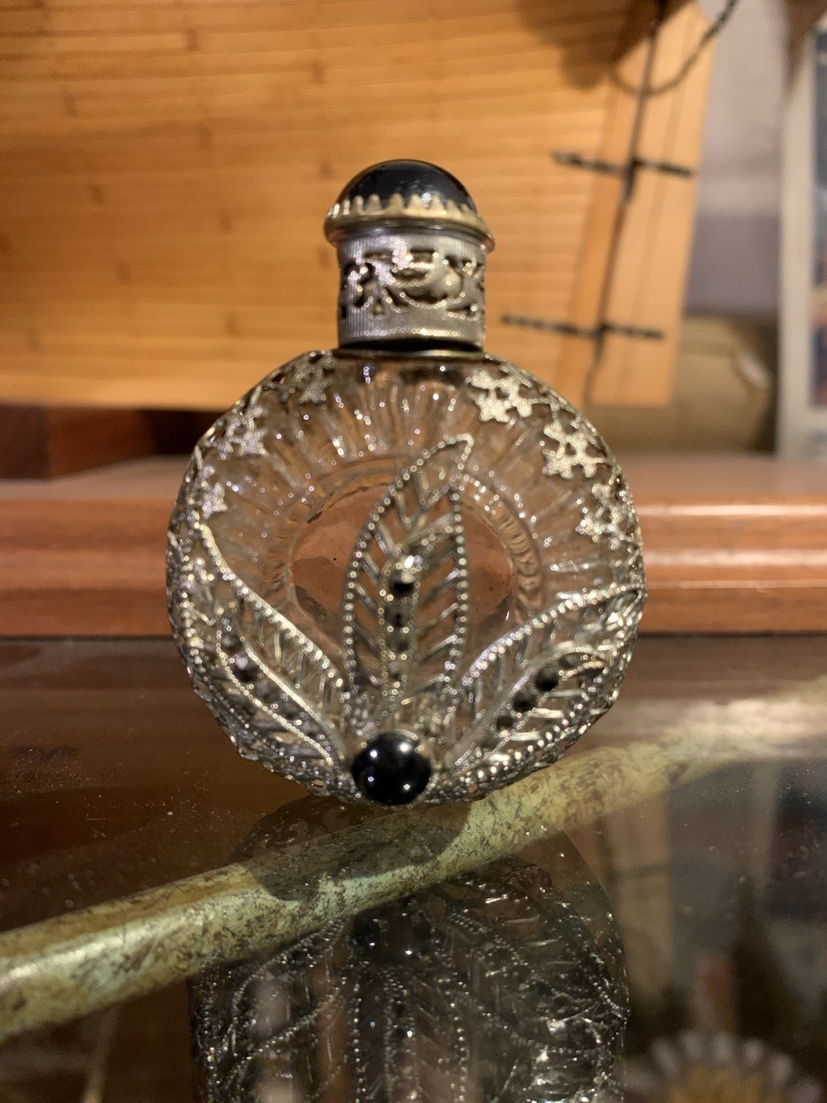 Antique Mini Ormolu Perfume Bottle w/Dauber Czech Silver Filigree & Black Jewel Antique Mini Ormolu Perfume Bottle w/Dauber Czech Silver Filigree & Black Jewel