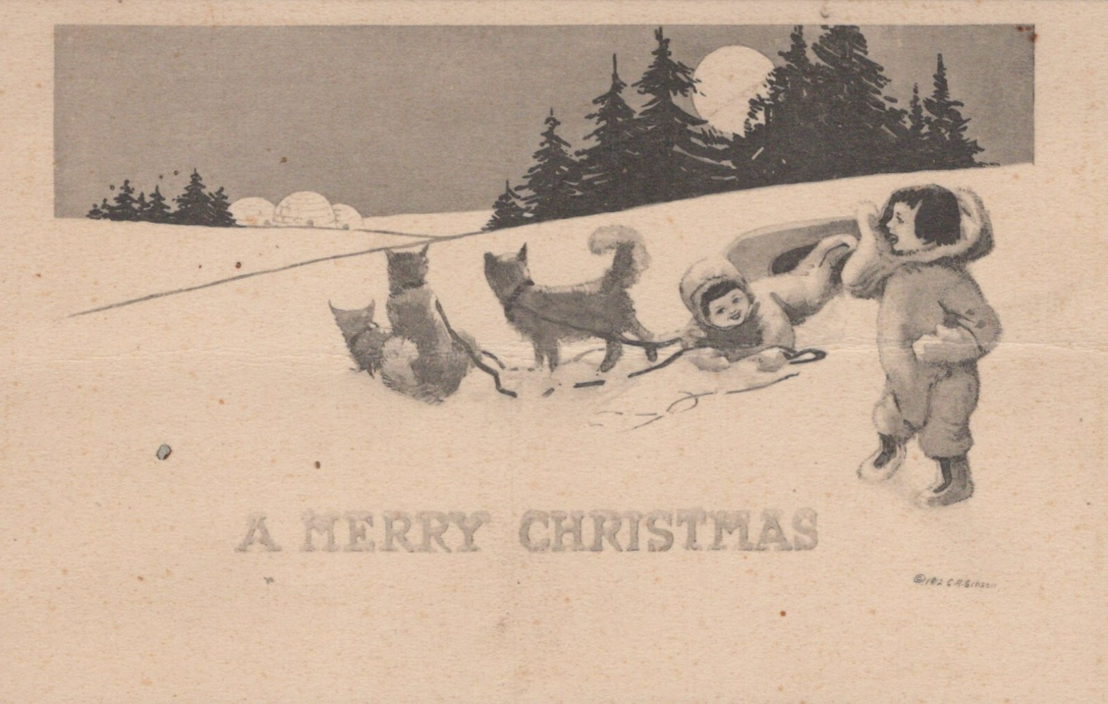 Merry Christmas Sled Dogs Children Full Moon Gibson c1915s postcard H72