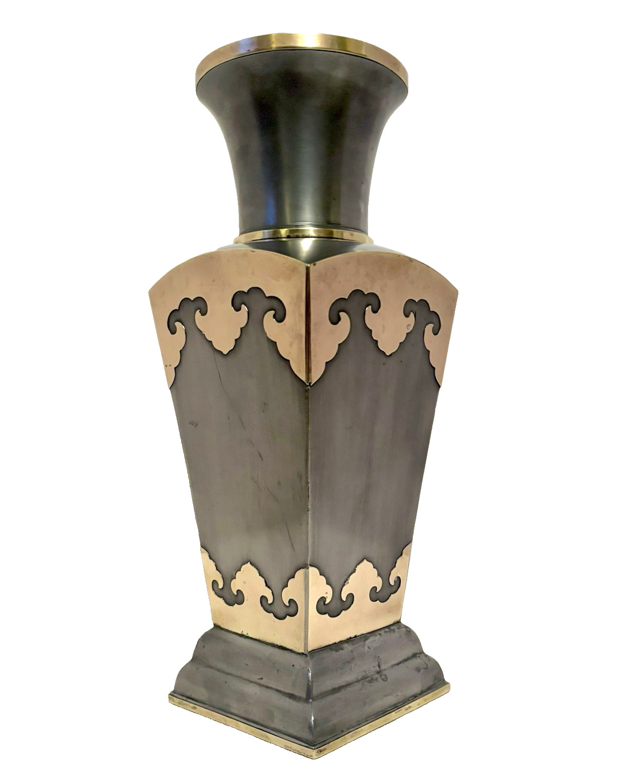 Fabulous Mid-Century Hong Kong Chinese Export 14” Pewter Vase with Brass Overlay