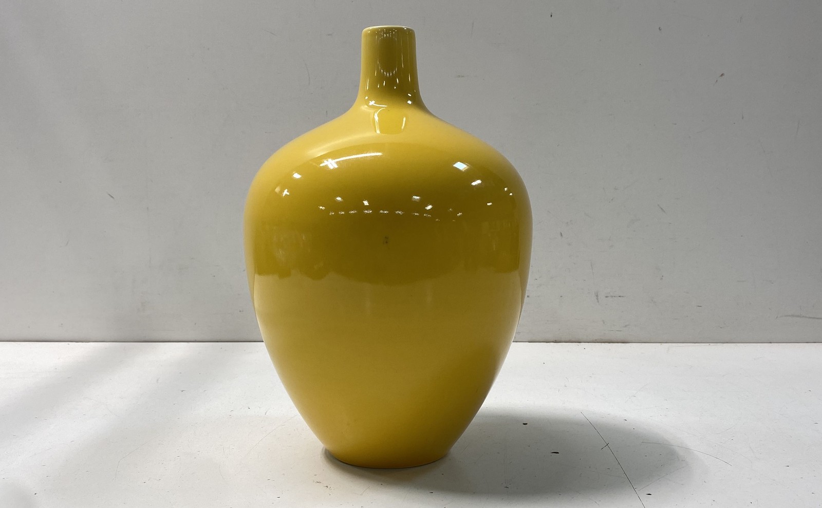 Mid Century Modern Yellow Glossy Ceramic Bulbous Bottle Vase 11.5 Inch