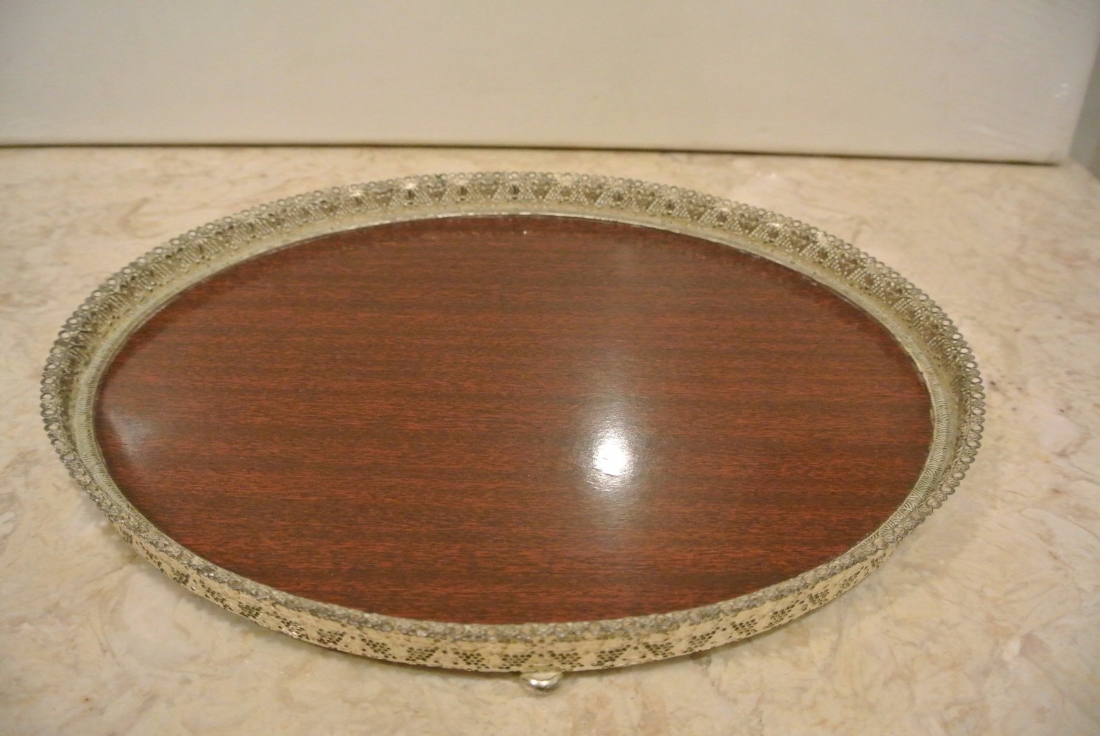  Vintage Small Silver Plated Filigree Formica Footed  Tray 