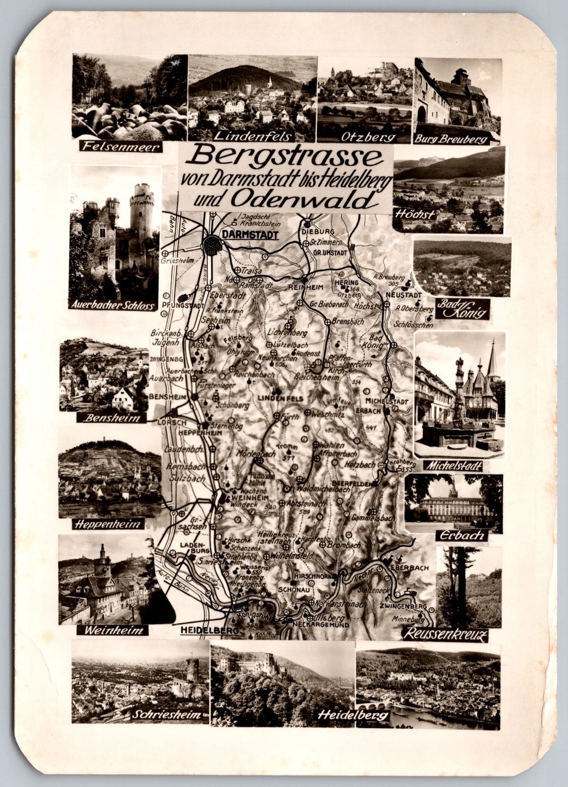 Darmstadt Heidelberg Germany Bergstrasse Route Map with Local Landmarks RPPC