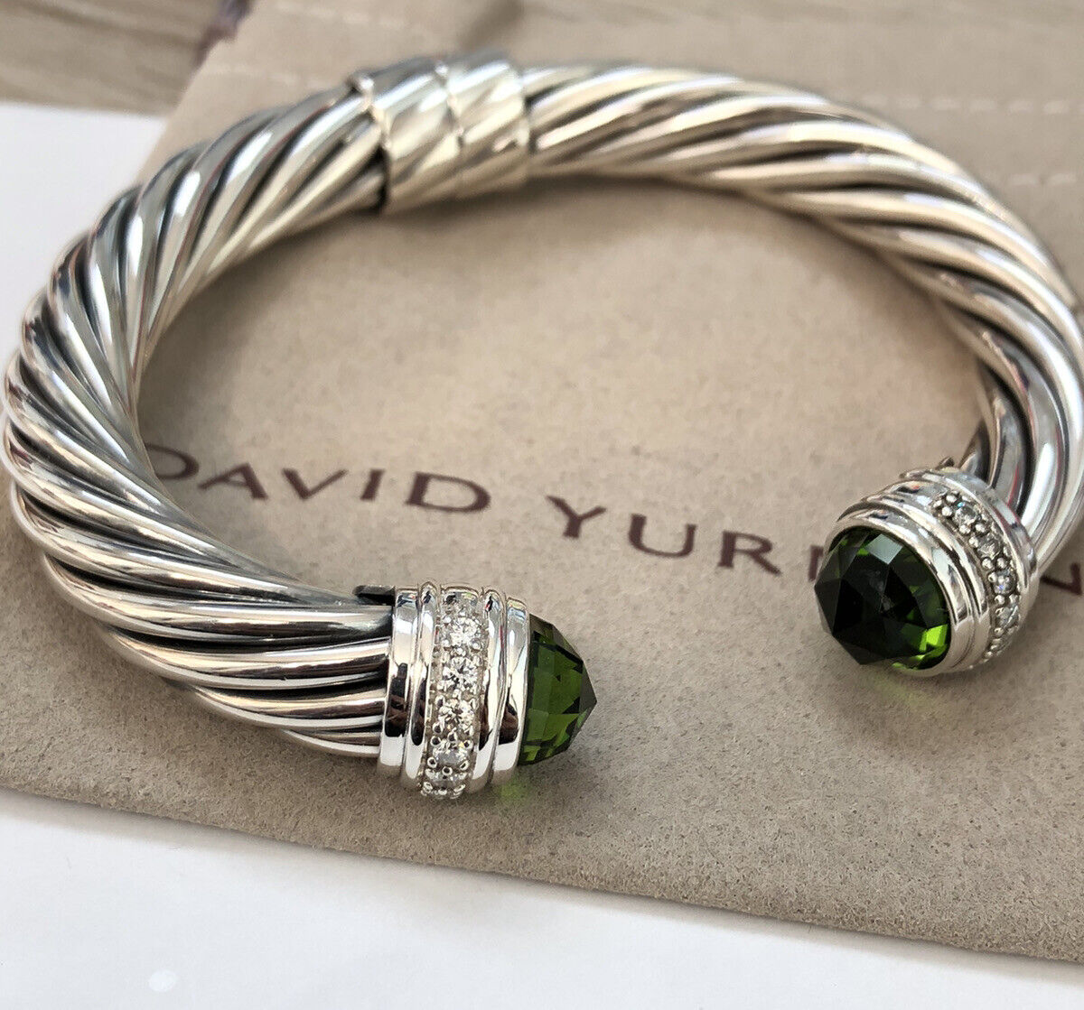 David Yurman Sterling Silver With Peridot  & Diamond Classic 10mm Bracelet M