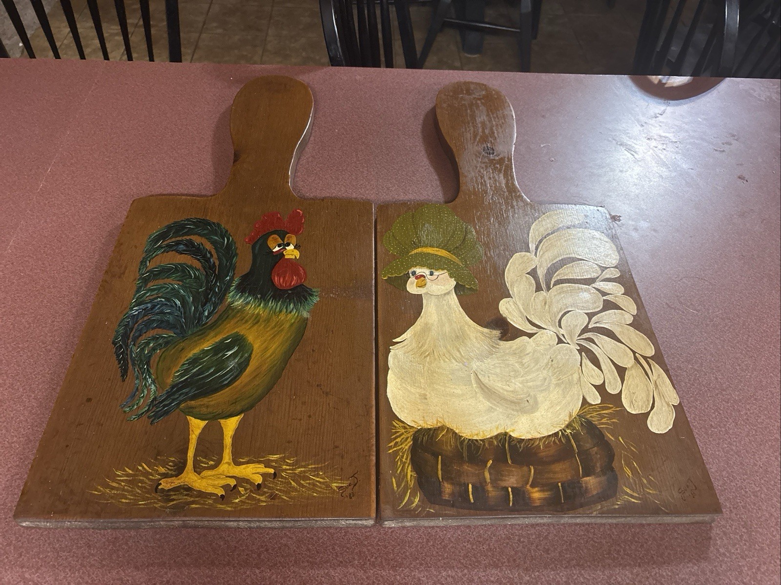 Vintage Chicken Rooster Wood Wall Decor Hand Painted Signed By Artist Set of 2
