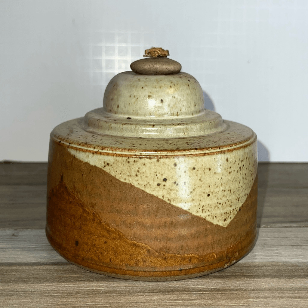 Vintage Mid Century Handthrown Pottery Glazed Ceramic OIL LAMP Brown Tan 5”X5”
