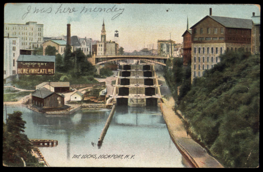 1909 THE LOCKS, LOCKPORT N.Y. * posted to Pulaski NY message stamp I was here
