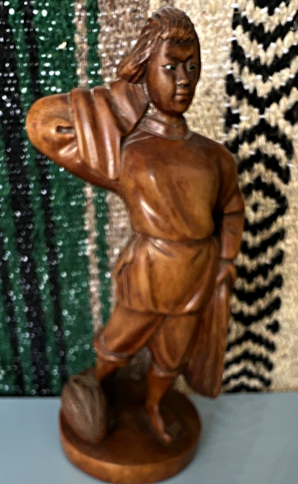 Vintage Hand-Carved Boxwood Figurine Girl Laborer Carrying Sack