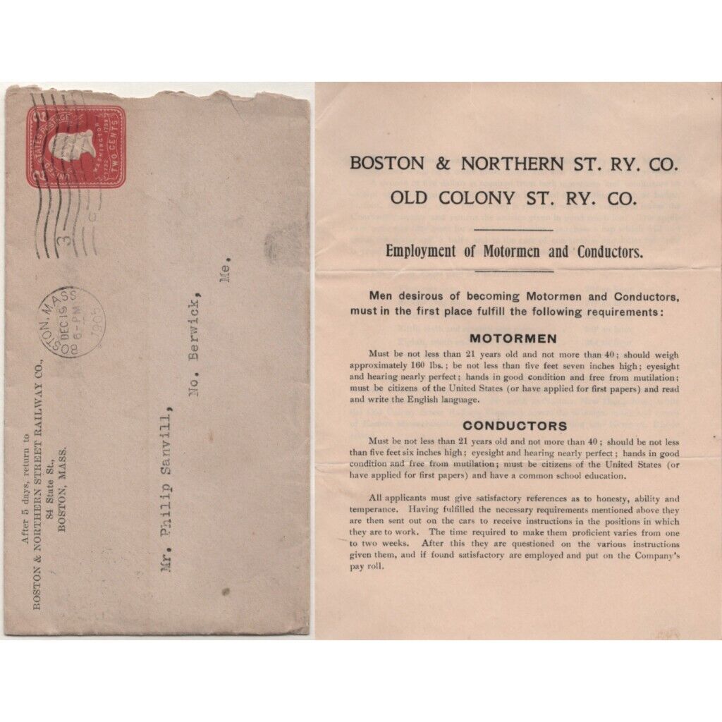 Antique 1905 Boston & Northern Street Railway Train Jobs Vtg. Letter Envelope MA