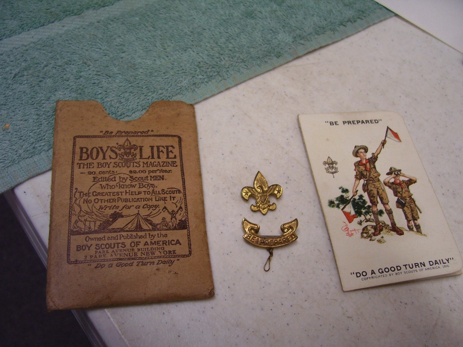 1911 Boy Scout Pins and 1930 Membership Card & Boys Life Sleeve