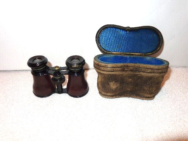 ANTIQUE JUMELLE DUGHESSE BINOCULARS OPERA GLASSES + LEATHER CASE- FRANCE  #Z 319
