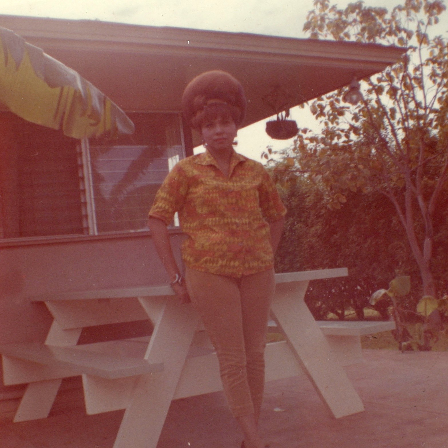 c1960s Black Woman Huge Beehive Hair Snapshot Photo Patio Picnic Table Fashion c1960s Black Woman Huge Beehive Hair Snapshot Photo Patio Picnic Table Fashion