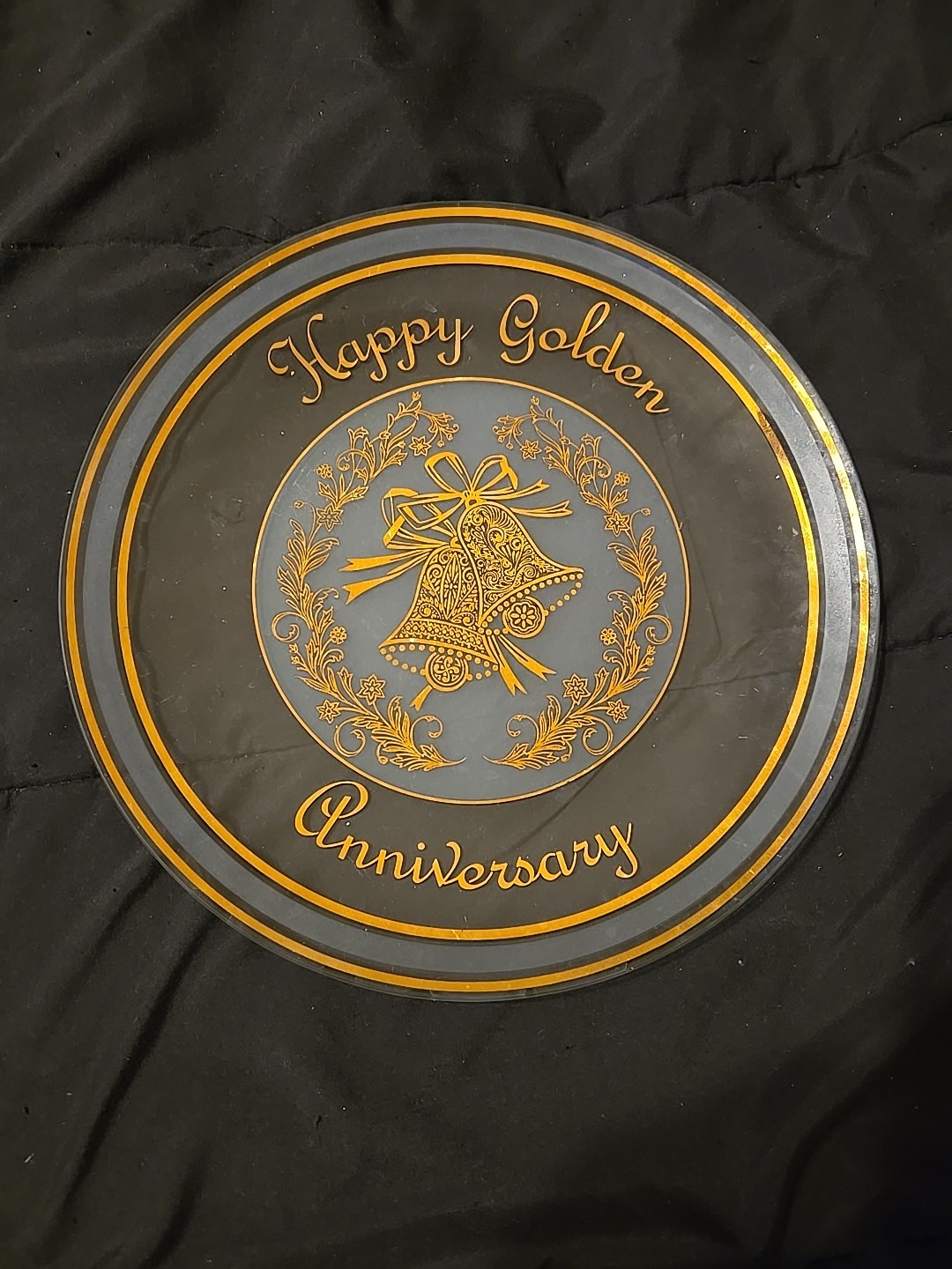Vntg Happy Golden Anniversary Clear Glass Round Plate Gold Trim 11.5” Pre-owned Vntg Happy Golden Anniversary Clear Glass Round Plate Gold Trim 11.5” Pre-owned